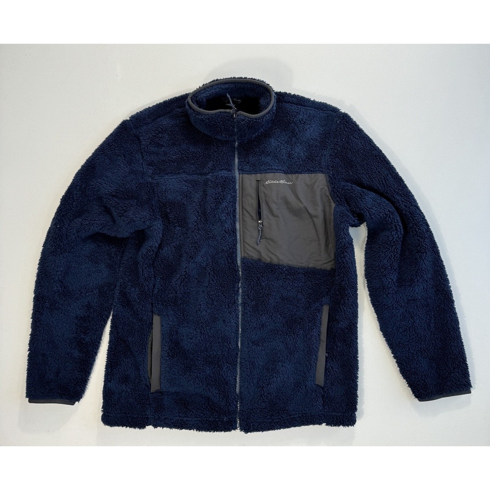 Eddie Bauer Men’s Medium Sherpa Full Zip Jacket Navy Outdoors Pockets Hiking